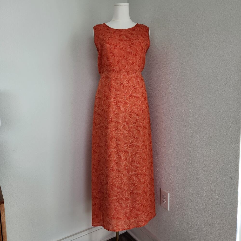 Vintage Y2K NY&Co Orange Red Floral Sleeveless Maxi Dress Back Tie Waist 14